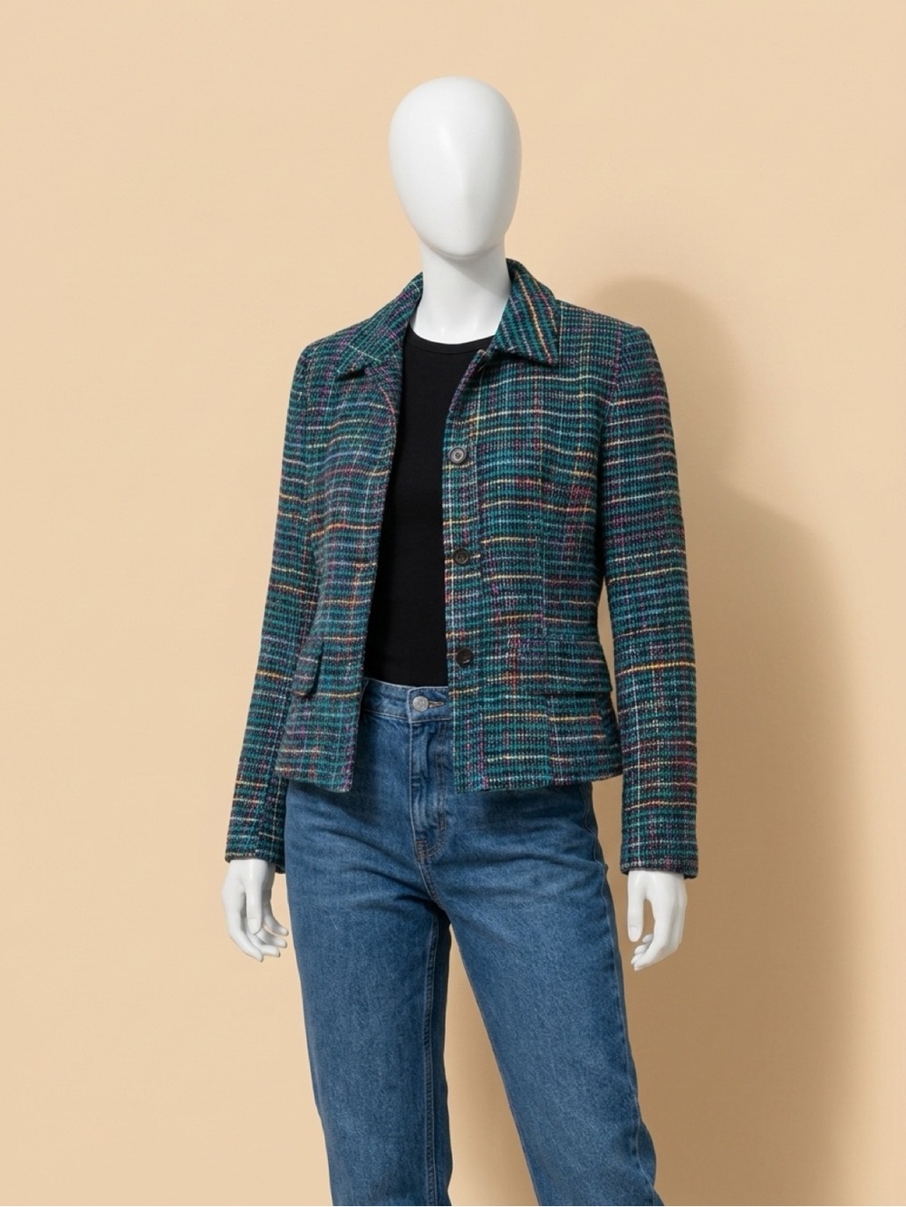 Wool-Blend Teal Plaid Jacket